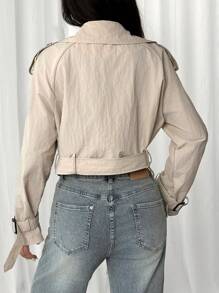 SHEIN EZwear Beige Cropped Belted Hem Trench Coat - Khaki - View 2