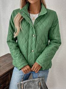 EMERY ROSE Women's Plain Front Button Closure Long Sleeve Pocket Casual Padded Coat
