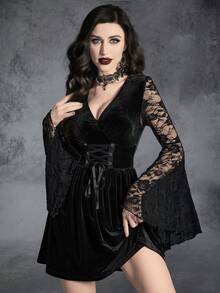 撞色蕾絲喇叭袖前蕾絲天鵝絨洋裝 - 黑色 - 查看 4