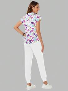 TaskEZ Women Heart Pattern Stand Collar Bat Wing Sleeve Blouse And Pants Uniform Scrub Set - White - View 4