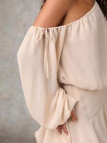 SHEIN BAE 女士休闲不对称领灯笼袖荷叶边下摆短款连衣裙，早午餐女装，秋季女装，茶会礼服 - 咖啡 - 查看 3