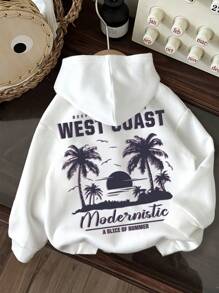 SHEIN Leap Crew Áo nỉ dày dặn, dáng rộng, in hình cây cọ, phong cách tối giản, thích hợp cho bé gái tuổi teen, mùa thu và mùa đông. - trắng - Xem 1