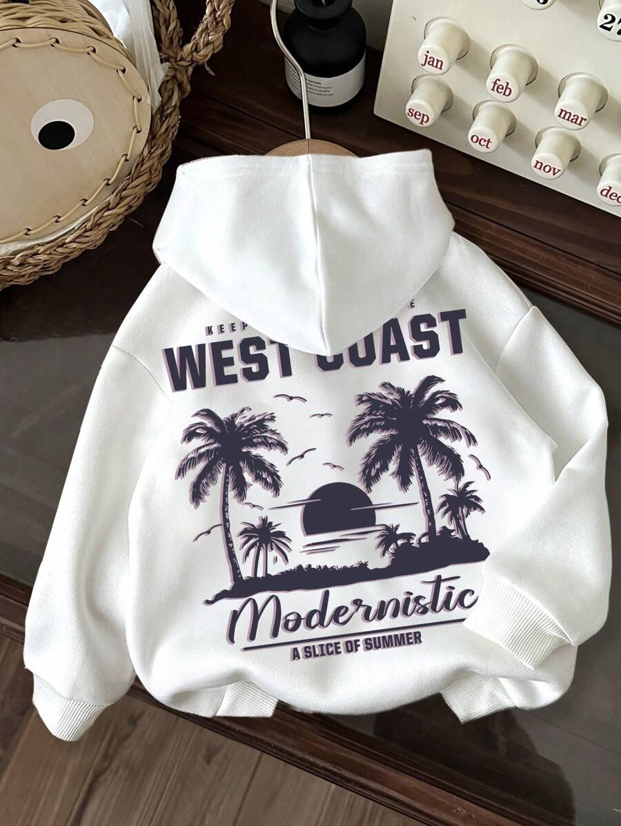 SHEIN Leap Crew Áo nỉ dày dặn, dáng rộng, in hình cây cọ, phong cách tối giản, thích hợp cho bé gái tuổi teen, mùa thu và mùa đông. - trắng - Xem 1