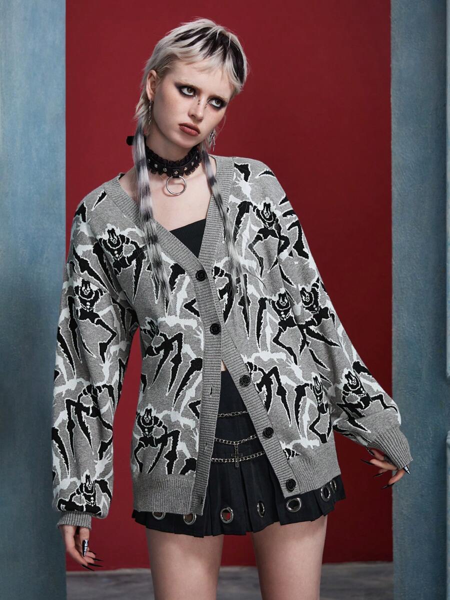 IT x SHEIN 女式超大落肩单排扣全图案印花开衫