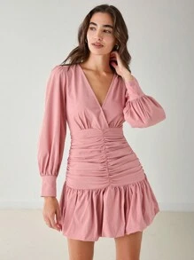 Enchnt Vestido midi elegante ajustado de manga larga y cuello en V con fruncido para mujeres