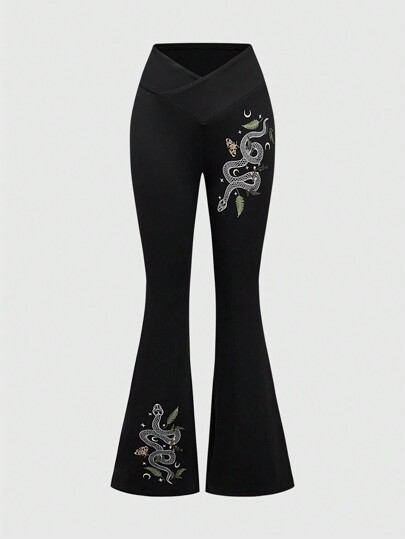 Goth Pantalones acampanados slim con diseño de piel de serpiente de enredadera y talle en V para mujer