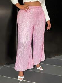 Slaydiva Plus Size Women's Elegant Basic Party Sequin Flare Pants In Pink - Baby Pink - View 7