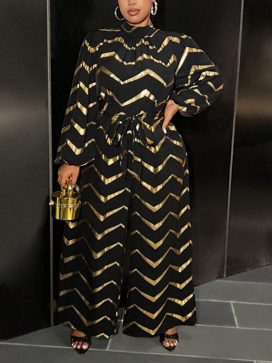 Slaydiva 大码女式休闲印花宽松长袖连体裤，秋季 - 黑色 - 查看 1