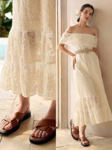 MOTF Women's Elegant Solid Color Off Shoulder Embroidery Vacation Dress - Beige - View 9