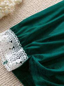 SHEIN Clasi Plus Size Women Round Neck Long Sleeve Contrast Lace Casual T-Shirt For Spring And Summer Fall Cloth For Women - Dark Green - View 5