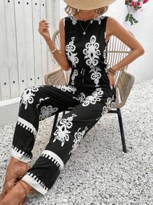 SHEIN VCAY Bộ đồ liền thân ống đứng không tay cổ tròn in họa tiết thường ngày cho nữ - màu đen - Xem 5