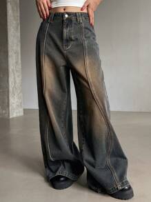 DAZY 女式做旧宽松直筒牛仔裤、宽松牛仔裤 - 藍色 - 查看 5