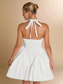 SHEIN BAE Summer  Sexy V-Neck Halter Tied Bow Knot Waist Fitted Flare Women Dress