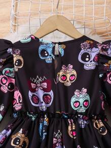 SHEIN Vestido de disfraz con estampado de calavera para niñas y niñas pequeñas, ropa de otoño para niñas, adecuado para uso en Halloween - Multicolor - Ver 8