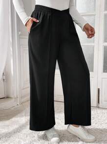 Auralis 大码女装秋季商务休闲女装新款时尚休闲通勤纹理面料纯黑色阔腿裤、长裤、口袋正装裤。休闲裤、宽松女裤、女式正装裤、秋季裤