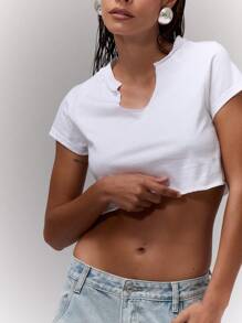 MUSERA Notch Neck Fitted Cropped Top Vacation Spring Summer Fall