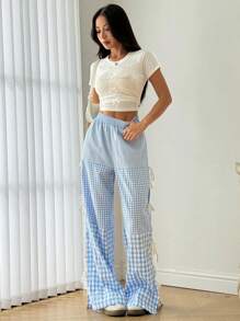 SHEIN Unity Quần chắp vá kẻ sọc xanh trắng dành cho nữ có đường xẻ bên hông, buộc dây - màu đen - Xem 6