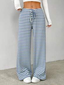 SHEIN PETITE Women's Striped & Printed Casual Holiday Style Long Pants - Blue - View 1