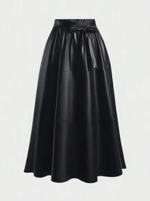 SHEIN Clasi 大码女式 PU 皮革腰部打结长裙 - 黑色 - 查看 1