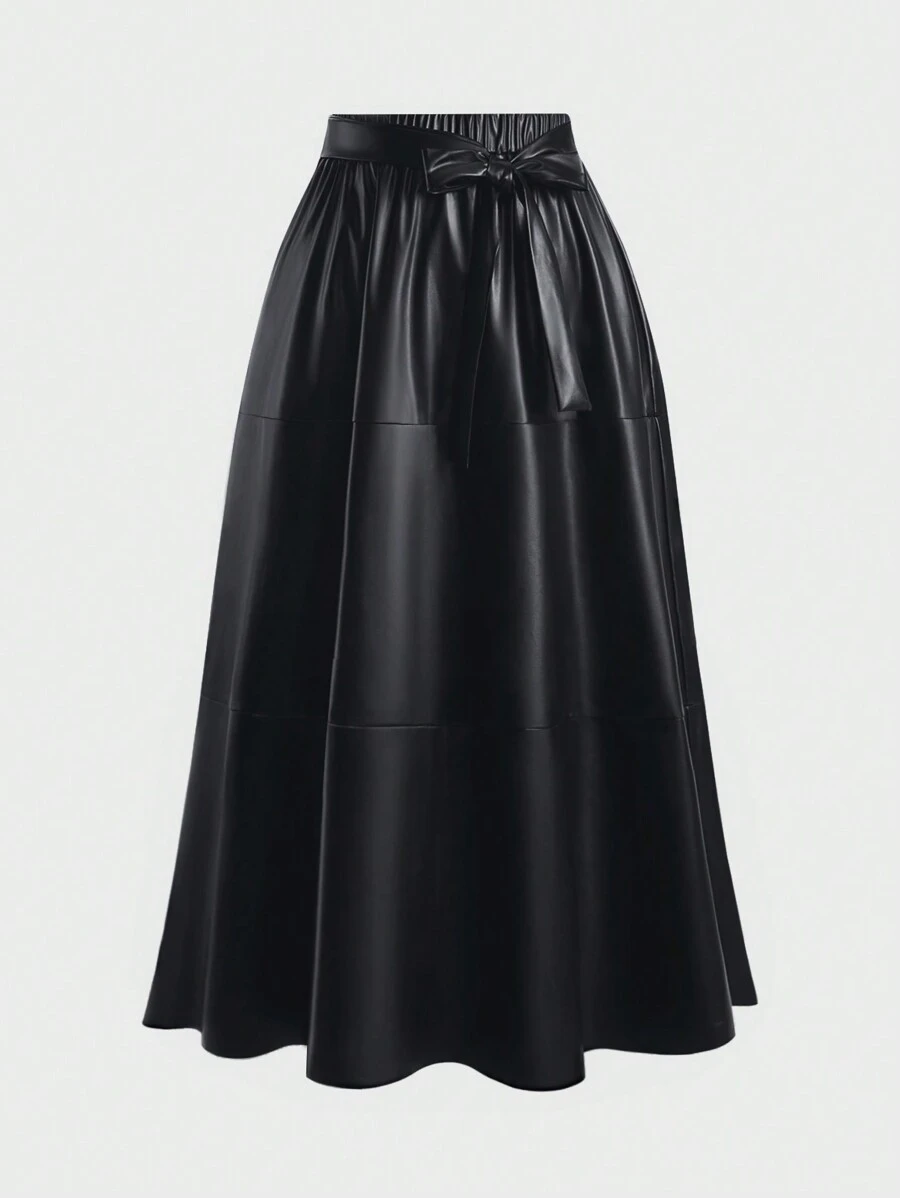 SHEIN Clasi 大码女式 PU 皮革腰部打结长裙 - 黑色 - 查看 1