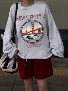 DAZY Sweatshirt Kasual Longgar Lengan Panjang Kerah Bulat Wanita dengan Cetakan Huruf, Pakaian Musim Gugur - Grey - View 5