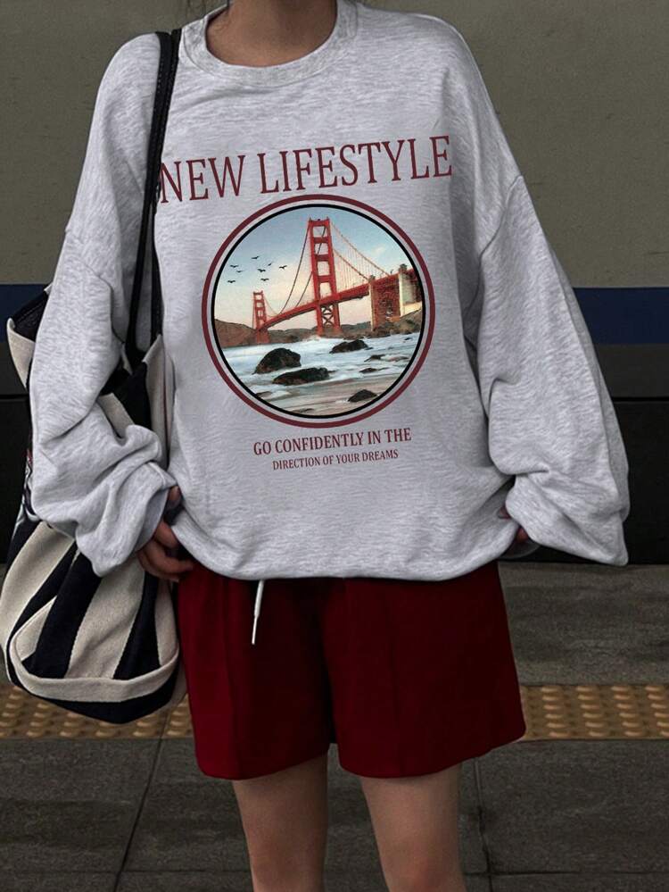 Women's Crew Neck Long Sleeve Letter Printed Loose Casual Sweatshirt,Fall Clothes