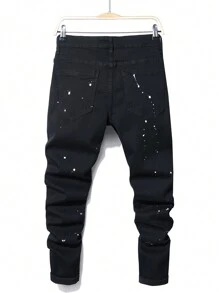 Manfinity Roughcore Men's Pocket Splatter Paint Print Distressed Casual Jeans, Emo Style - Black - View 2