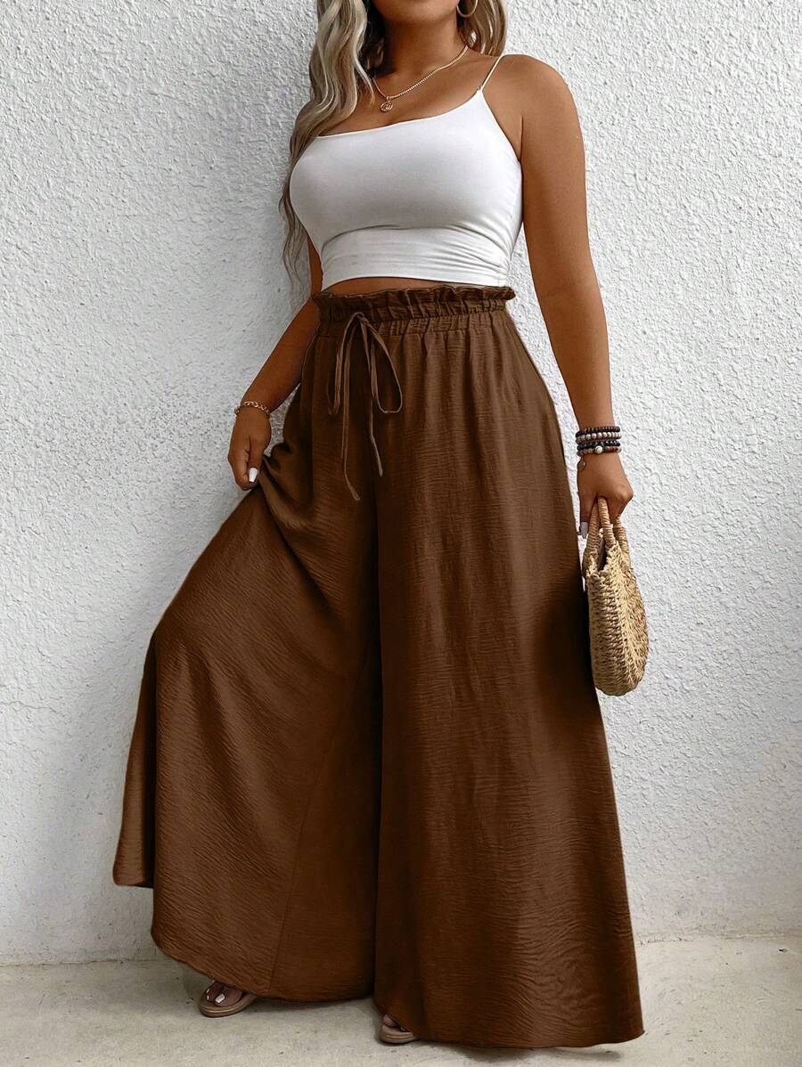 SHEIN LUNE Quần ống rộng màu trơn rộng rãi cỡ lớn - Cà phê nâu - Xem 1