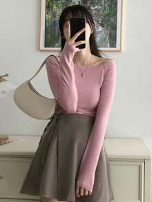 DAZY Women Solid Color Off-Shoulder Long Sleeve T-Shirt - Grey - View 8