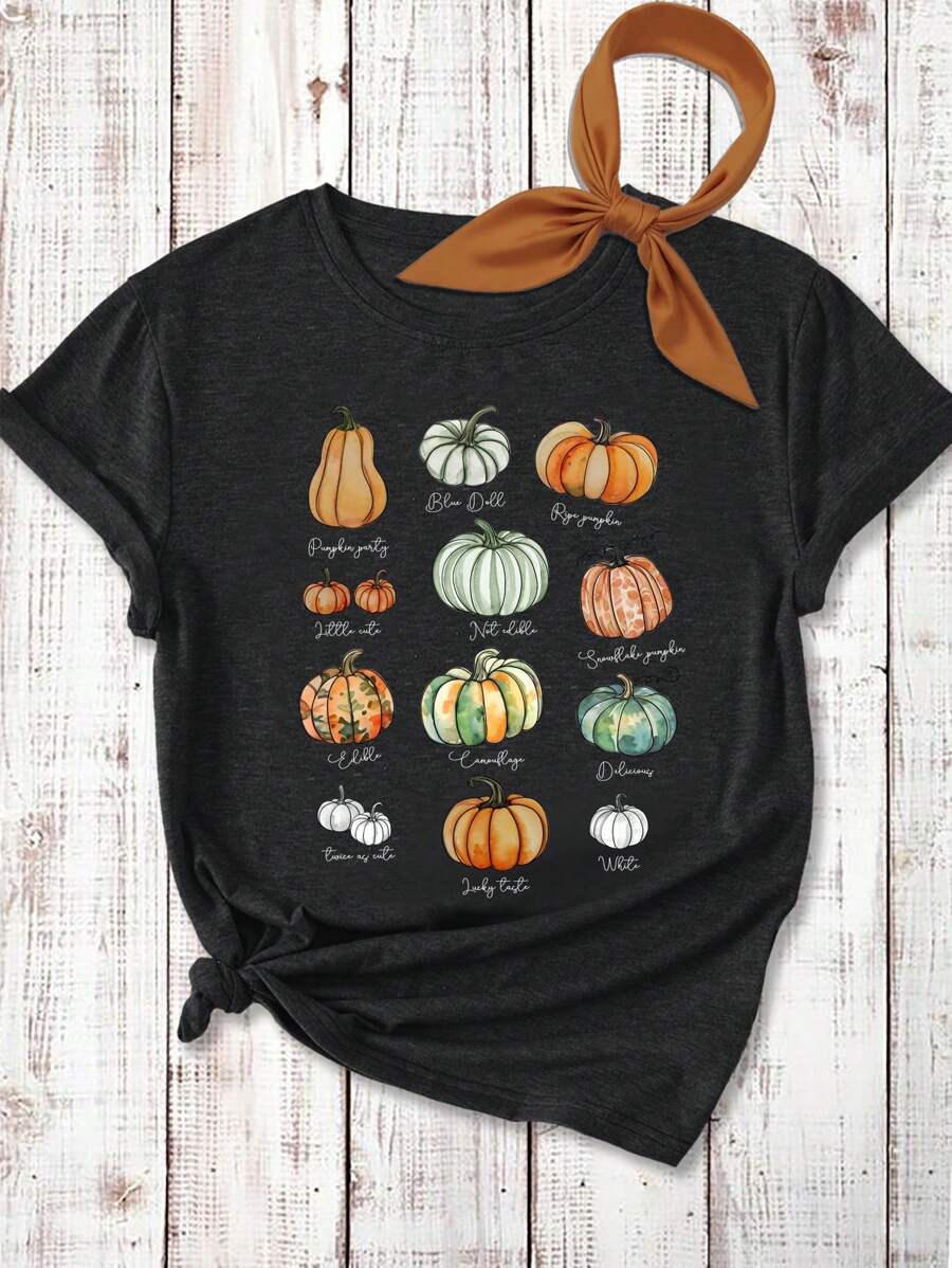 SHEIN LUNE 大码女式休闲简约南瓜图案圆领短袖修身 T 恤适合夏季万圣节套头衫、感恩节上衣 - 黑色 - 查看 1