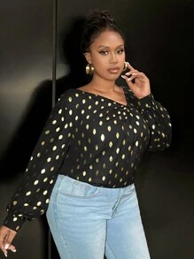 Slaydiva Plus Size Women's Black Casual Raglan Sleeve Short Sleeve Twist Metallic Shirt - Black - View 6