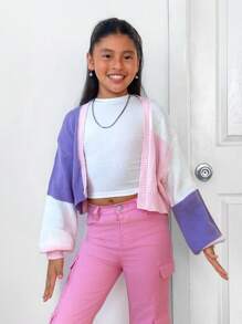 Tween Girl Casual Knit Patchwork Long Sleeve Cardigan Jacket, Autumn & Winter - Multicolor - View 3