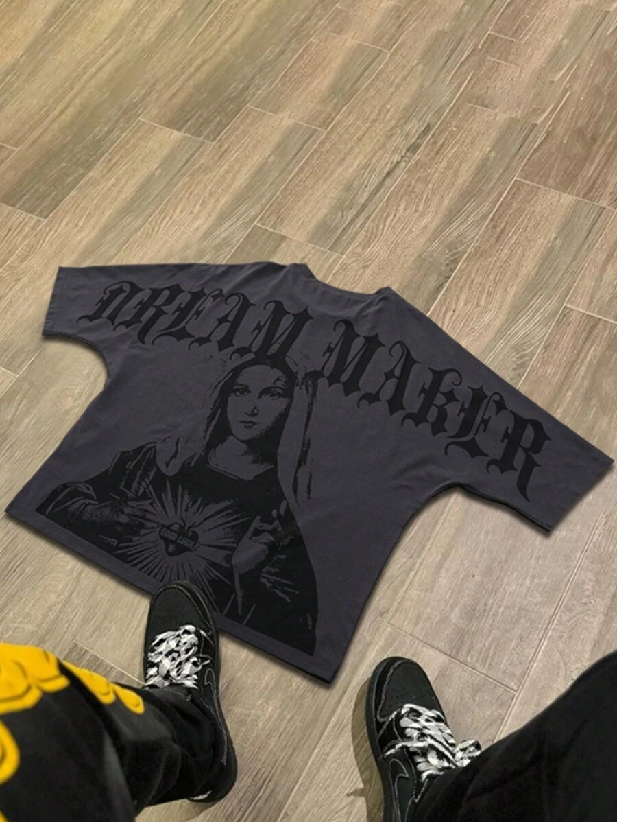 PAVTROS Áo thun nam Grunge cổ tròn tay ngắn thường ngày in họa tiết chữ rộng rãi, quà tặng bạn trai, đi chơi - Xám - Xem 1