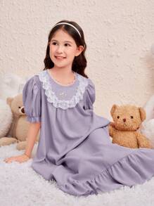 SHEIN Tween Girl Cute Princess Style Floral Embroidery Puff Sleeve Ruffle Trim Woven Nightgown - Dusty Purple - View 3
