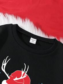 SHEIN 黑色圣诞帽和文字印花羊毛长袖圆领运动衫，适合青少年女孩，时尚、温暖、家庭装，妈妈和我（5 件单独出售） - 黑色 - 查看 4