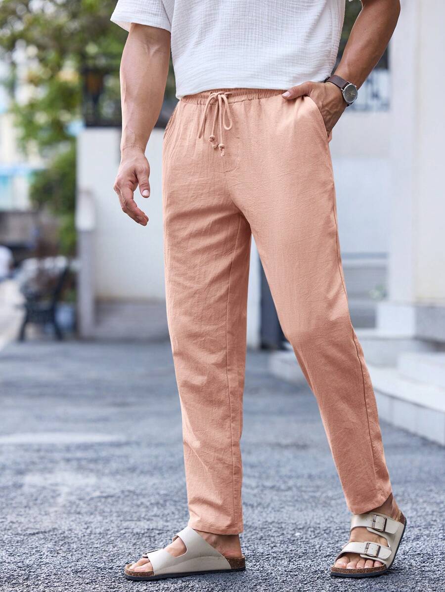 Manfinity VCAY Men's Solid Color Front Tie Pocket Minimalist Casual Pants - Pink - View 1