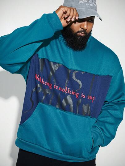 Manfinity VCAY Sudadera con capucha tejida de estilo casual con parches para hombre de talla grande, adecuada para otoño/invierno