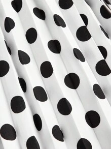 SHEIN Clasi Women's Round Neck Sleeveless Polka Dot Black And White Pleated Waist Tie Dress, Elegant - Black and White - View 4