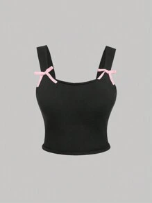 SHEIN MOD 大码女士黑色和粉色撞色蝴蝶结针织背心毛衣，秋冬款 - 黑色 - 查看 1