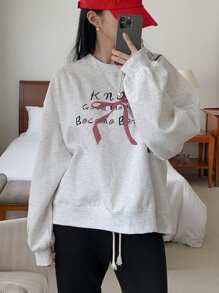 DAZY Áo nỉ cổ tròn in chữ và nơ cho nữ, Quần áo mùa thu - Màu Xám nhạt - Xem 5