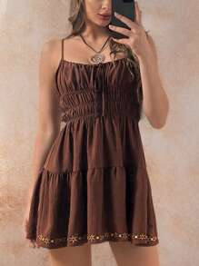 Forever 21 女士夏季度假刺绣吊带迷你连衣裙 - 摩卡棕 - 查看 4
