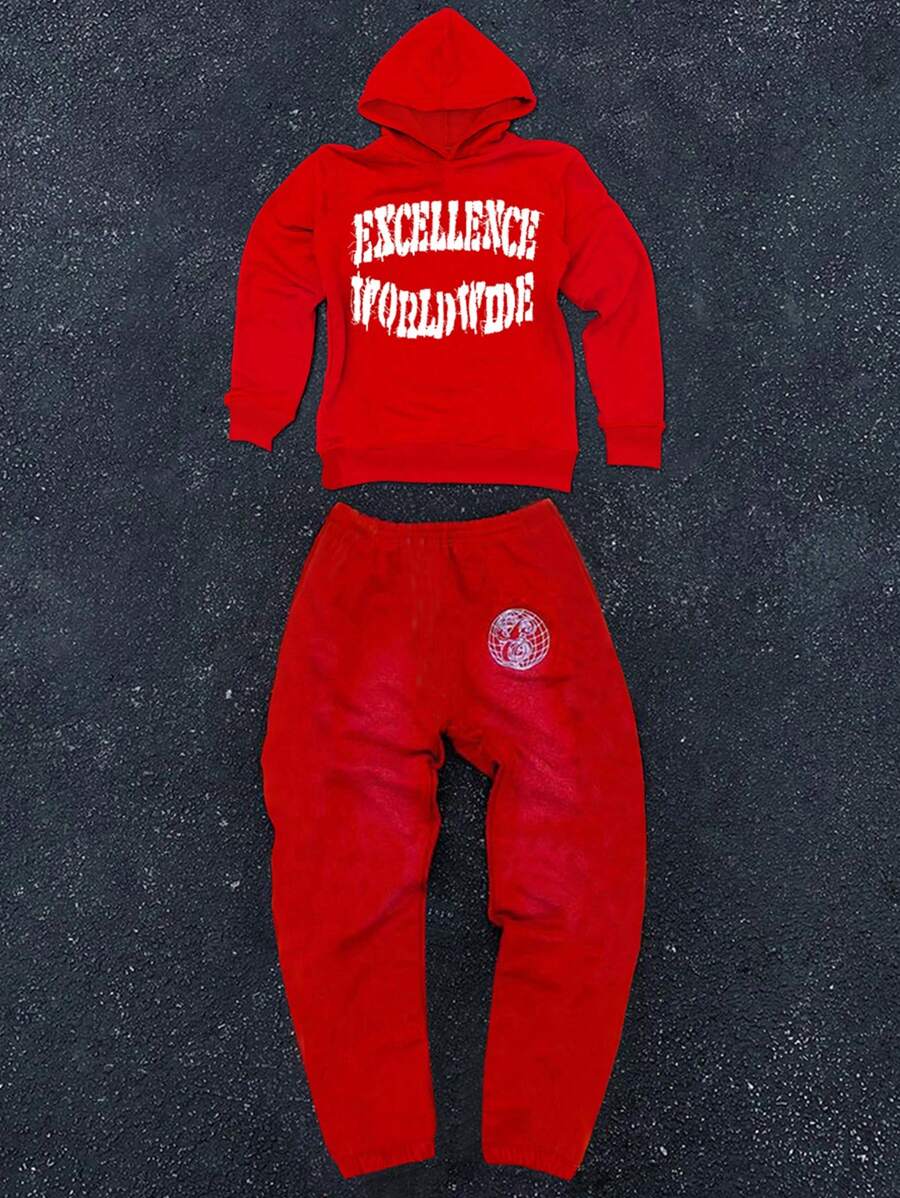 Manfinity Dauomo 大码男士休闲字母印花连帽衫和运动裤套装 - 紅色 - 查看 1