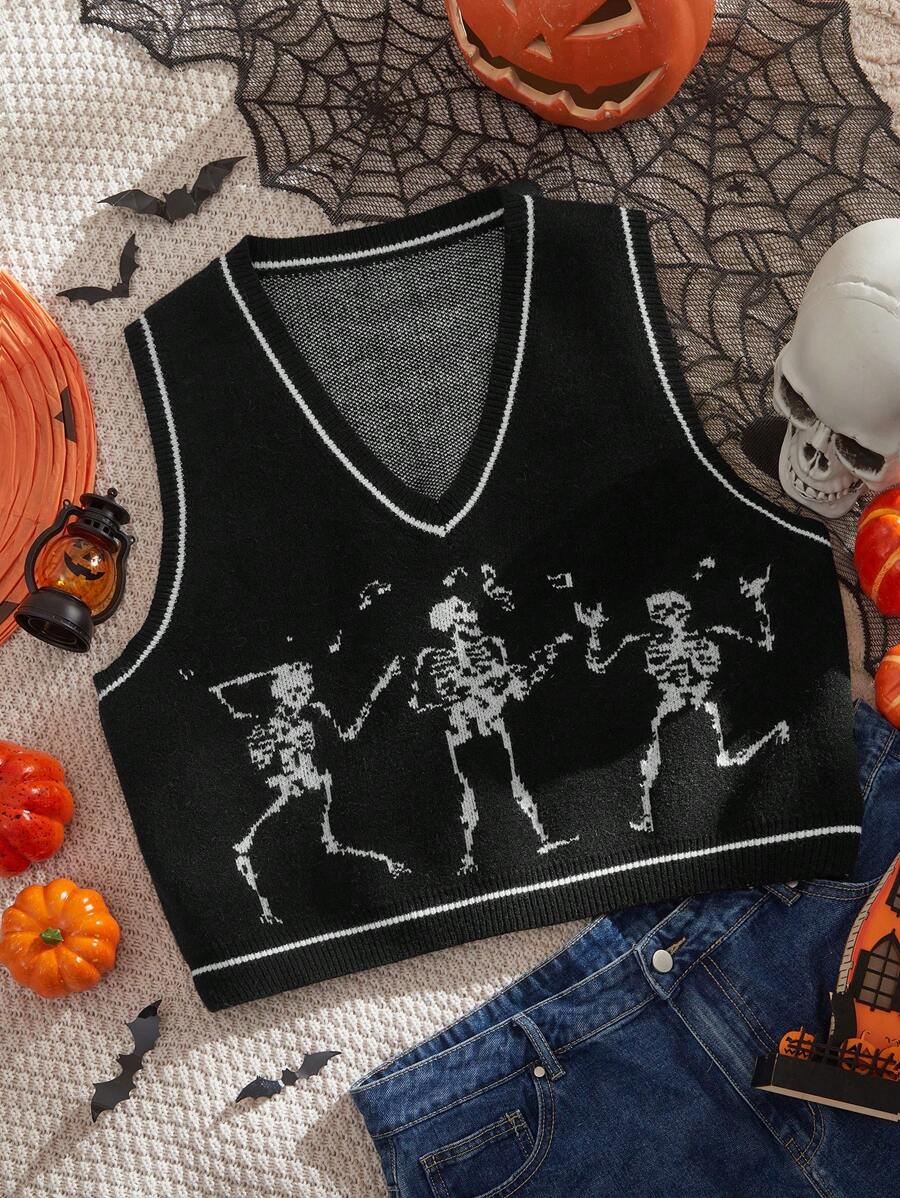 SHEIN EZwear Plus Size Unisex Skeleton Print Black & White Sweater Vest For Halloween, Couple Outfits In Fall/Winter