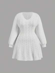 SHEIN MOD Plus Size Gathered Waist Lantern Sleeve Mini Short V-Neck Floral Knit Dress - White - View 1