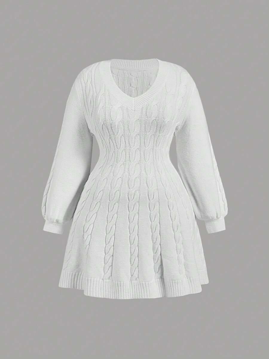 SHEIN MOD Plus Size Gathered Waist Lantern Sleeve Mini Short V-Neck Floral Knit Dress - White - View 1