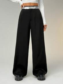 SHEIN EZwear Celana Setelan Pinggang Berpayet Wanita - Hitam - View 5