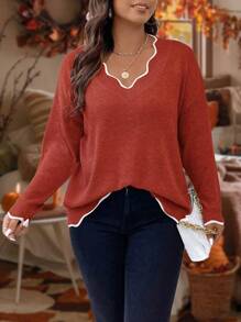 Calvaya Plus Contrast Binding Drop Shoulder Scallop Trim Sweater, For Winter Knit Pullover Fall Sweater - Redwood - View 6