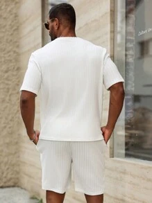 Manfinity Homme 2pcs Men's Casual Solid Color Round Neck Short Sleeve Top And Drawstring Shorts Set - White - View 2