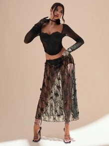 Glamine Women Lace Mesh Butterfly Decorated See-Through Skirt, Casual Summer