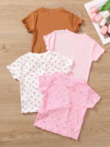 SHEIN Elladie kids 4件套女童圆领荷叶边短袖休闲T恤，夏季假日 - 彩色 - 查看 2